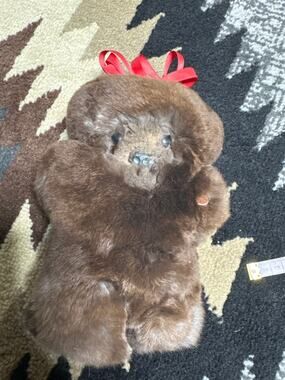Vintage Genuine Real Fur Flat Teddy Bear Pelt Rug Mat Cuddle Comforter Brown 9in